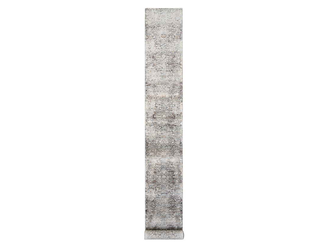 2'7" x 22'3" New Hand Knotted Grey Wool & Silk Runner Oriental Rug - MOA10264423