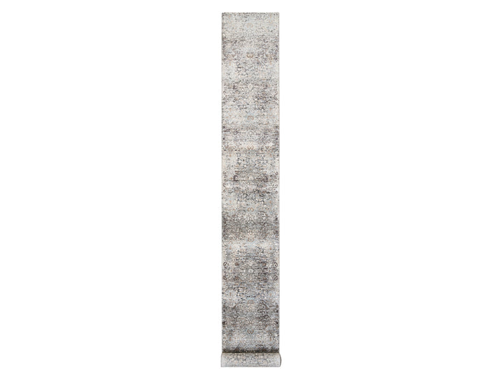 2'7" x 22'3" New Hand Knotted Grey Wool & Silk Runner Oriental Rug - MOA10264423