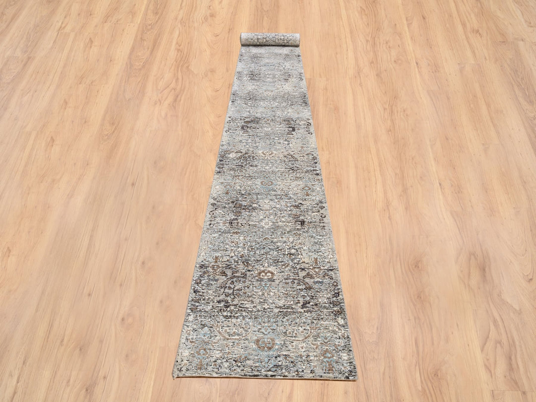 2'7" x 22'3" New Hand Knotted Grey Wool & Silk Runner Oriental Rug - MOA10264423