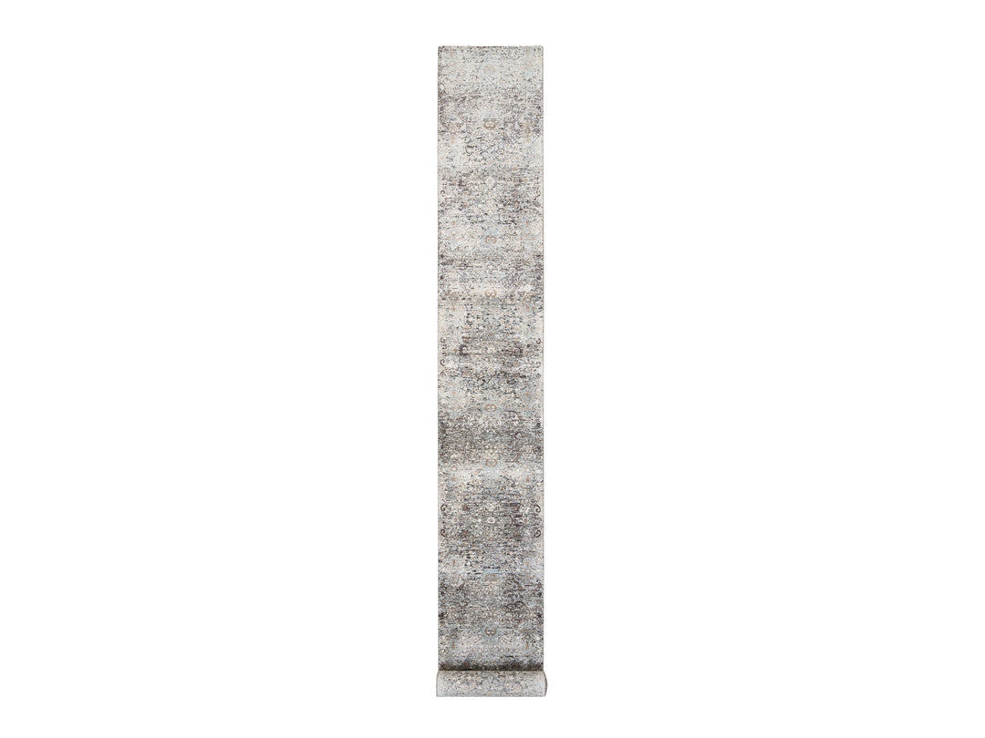 2'6" x 20'0" New Hand Knotted Grey Wool & Silk Runner Oriental Rug - MOA10264424