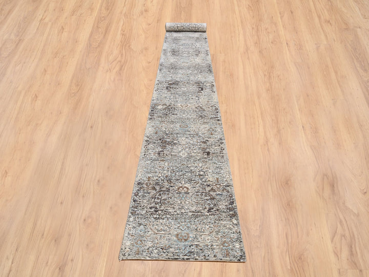 2'6" x 20'0" New Hand Knotted Grey Wool & Silk Runner Oriental Rug - MOA10264424