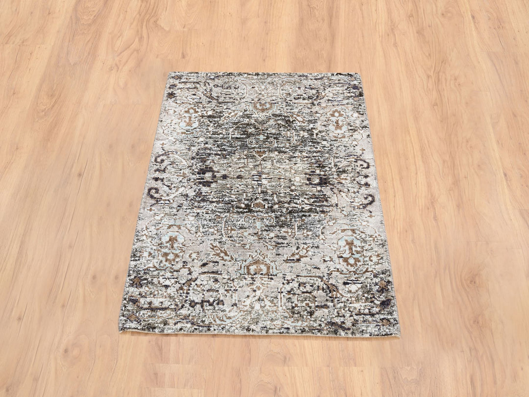 2'1" x 3'0" New Hand Knotted Grey Wool & Silk Rectangle Oriental Rug - MOA10264427
