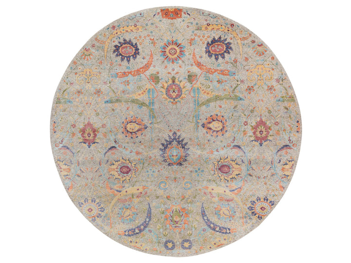 13'7" x 13'7" New Hand Knotted Ivory Wool & Silk Round Oriental Rug - MOA10264436