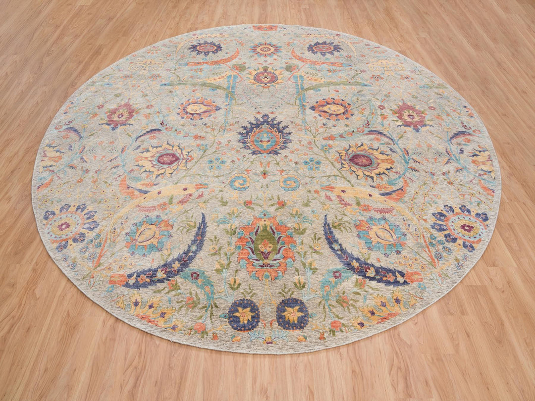 13'7" x 13'7" New Hand Knotted Ivory Wool & Silk Round Oriental Rug - MOA10264436