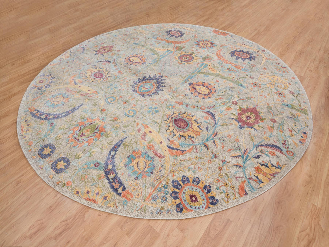 13'7" x 13'7" New Hand Knotted Beige Wool & Silk Round Oriental Rug - MOA10264436