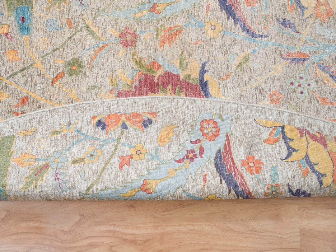 13'7" x 13'7" New Hand Knotted Ivory Wool & Silk Round Oriental Rug - MOA10264436