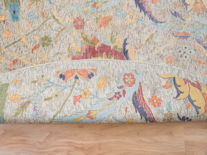 13'7" x 13'7" New Hand Knotted Ivory Wool & Silk Round Oriental Rug - MOA10264436