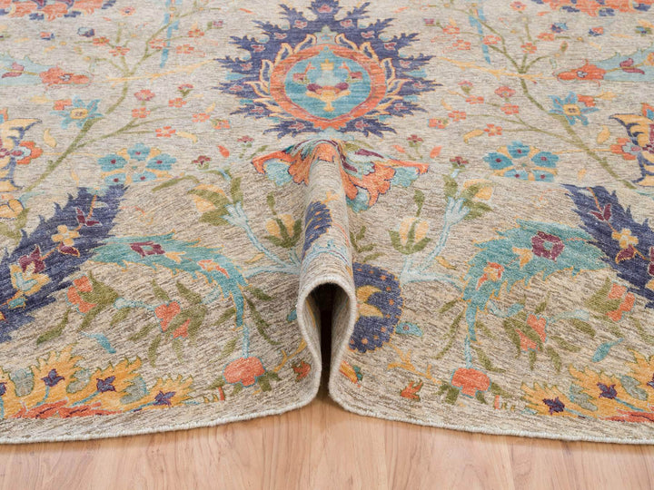 13'7" x 13'7" New Hand Knotted Ivory Wool & Silk Round Oriental Rug - MOA10264436