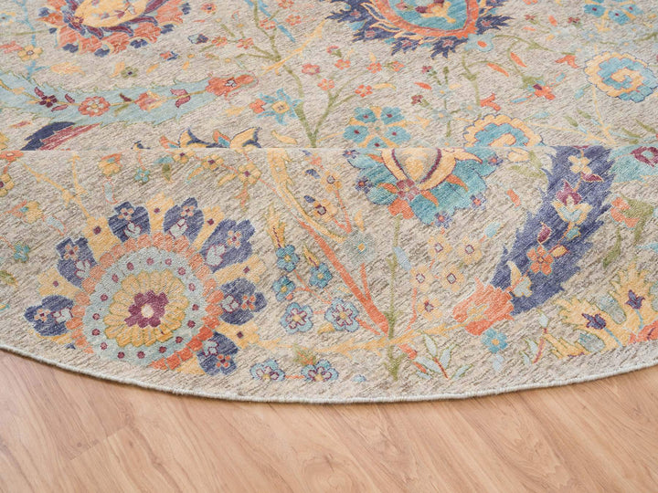 13'7" x 13'7" New Hand Knotted Ivory Wool & Silk Round Oriental Rug - MOA10264436