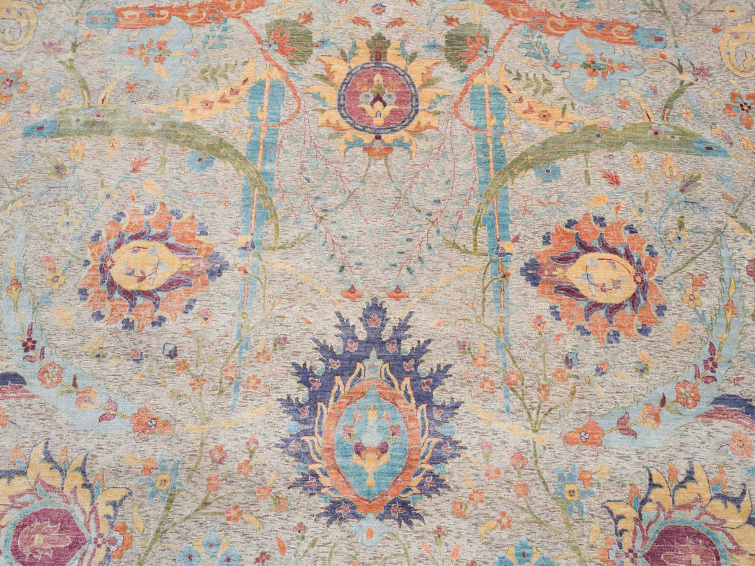 13'7" x 13'7" New Hand Knotted Ivory Wool & Silk Round Oriental Rug - MOA10264436