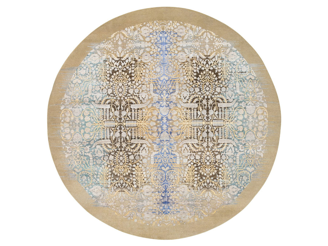 11'10" x 11'10" New Hand Knotted Brown Wool & Silk Round Oriental Rug - MOA10264438