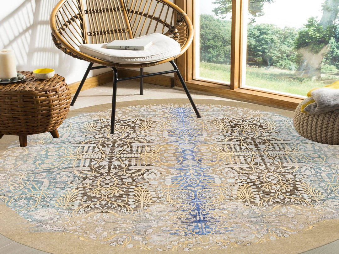 11'10" x 11'10" New Hand Knotted Brown Wool & Silk Round Oriental Rug - MOA10264438