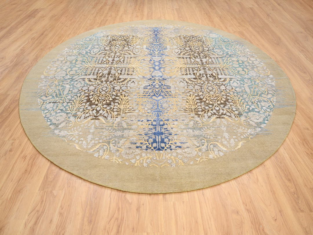 11'10" x 11'10" New Hand Knotted Brown Wool & Silk Round Oriental Rug - MOA10264438