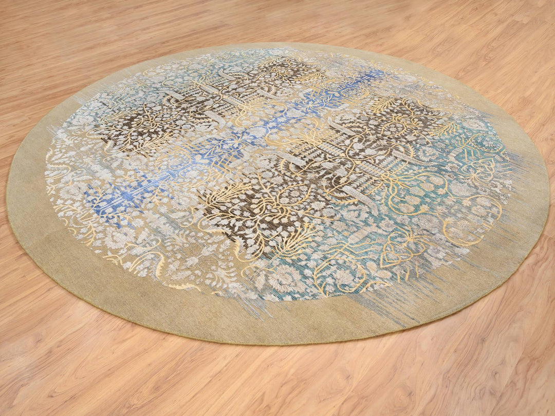 11'10" x 11'10" New Hand Knotted Brown Wool & Silk Round Oriental Rug - MOA10264438