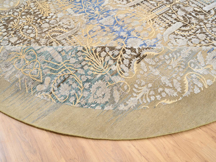 11'10" x 11'10" New Hand Knotted Brown Wool & Silk Round Oriental Rug - MOA10264438