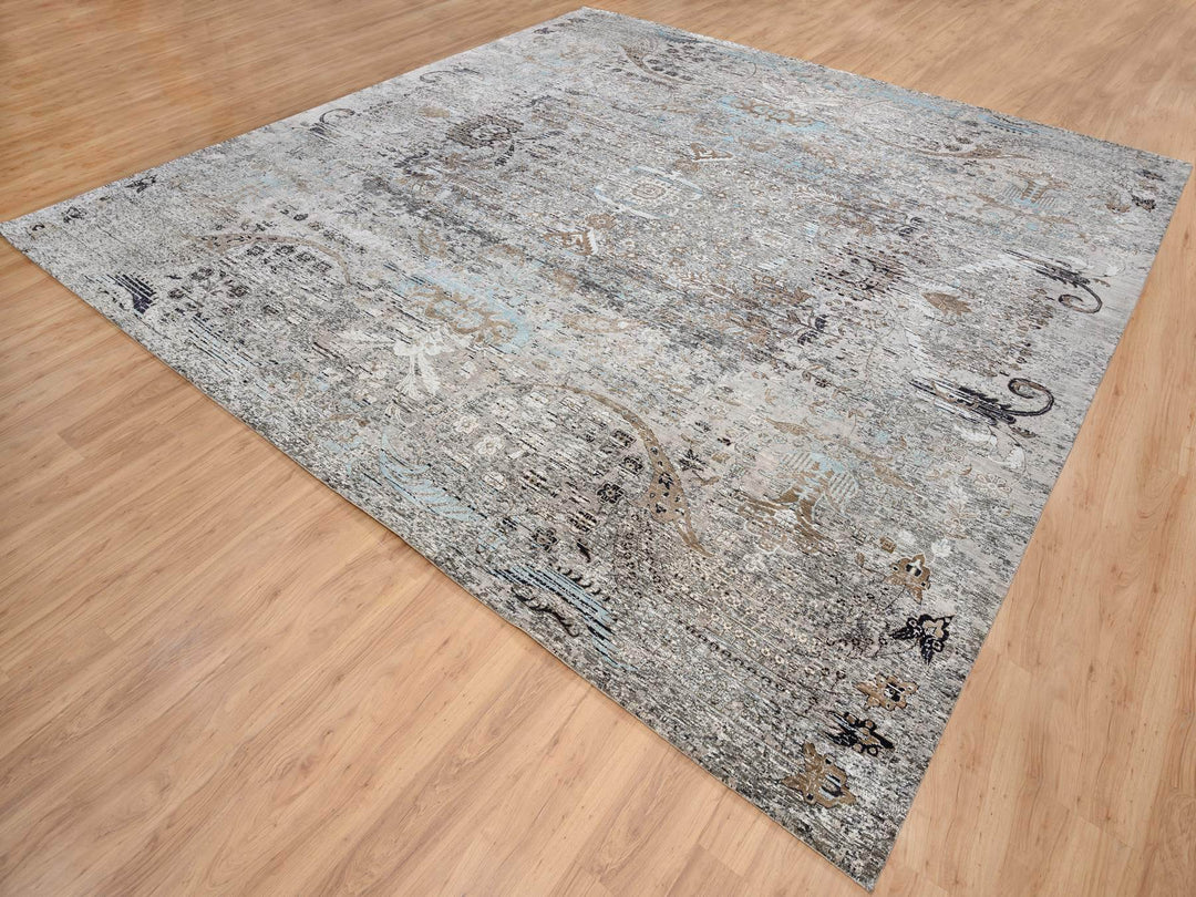 14'0" x 14'1" New Hand Knotted Grey Wool & Silk Square Oriental Rug - MOA10264442