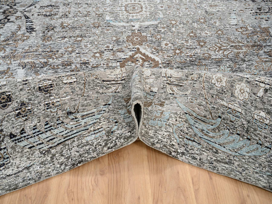 14'0" x 14'1" New Hand Knotted Grey Wool & Silk Square Oriental Rug - MOA10264442