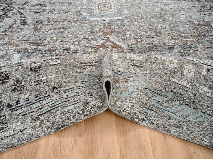 14'0" x 14'1" New Hand Knotted Grey Wool & Silk Square Oriental Rug - MOA10264442