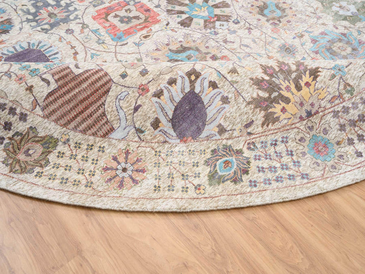 14'1" x 14'1" New Hand Knotted Multicolored Wool & Silk Round Oriental Rug - MOA10264443