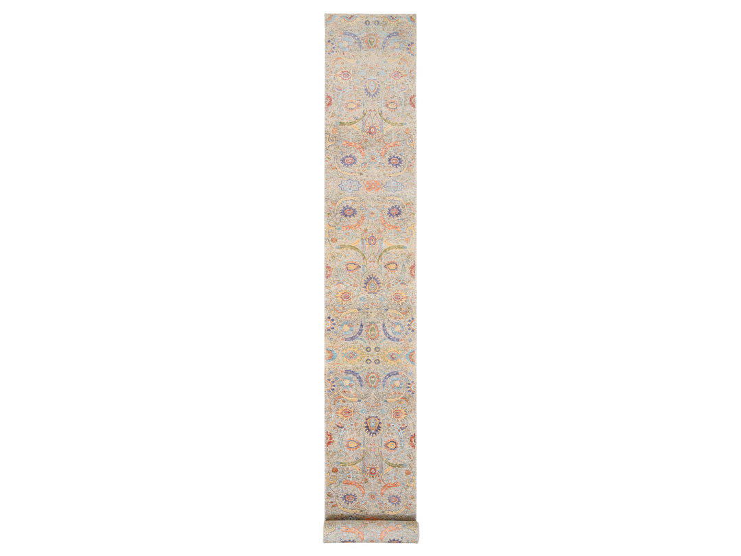 2'7" x 22'2" New Hand Knotted Beige Wool & Silk Runner Oriental Rug - MOA10264445