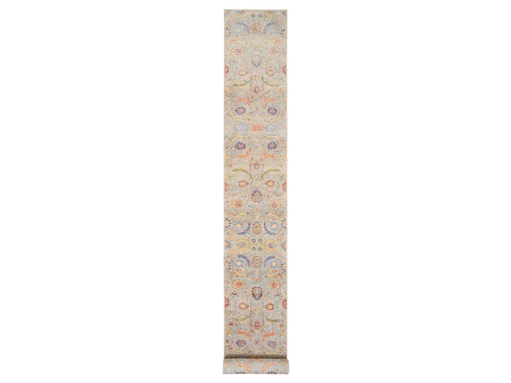 2'7" x 22'2" New Hand Knotted Beige Wool & Silk Runner Oriental Rug - MOA10264445