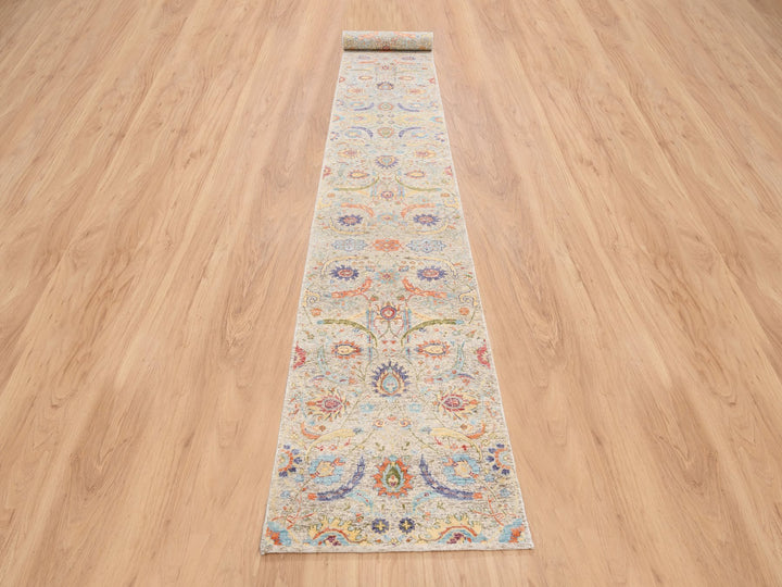 2'7" x 22'2" New Hand Knotted Beige Wool & Silk Runner Oriental Rug - MOA10264445