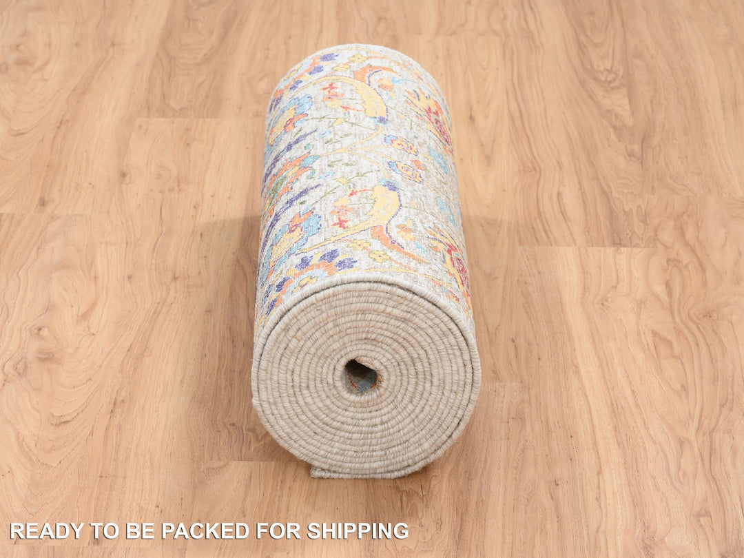 2'7" x 22'2" New Hand Knotted Beige Wool & Silk Runner Oriental Rug - MOA10264445