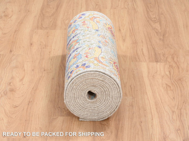 2'7" x 22'2" New Hand Knotted Beige Wool & Silk Runner Oriental Rug - MOA10264445