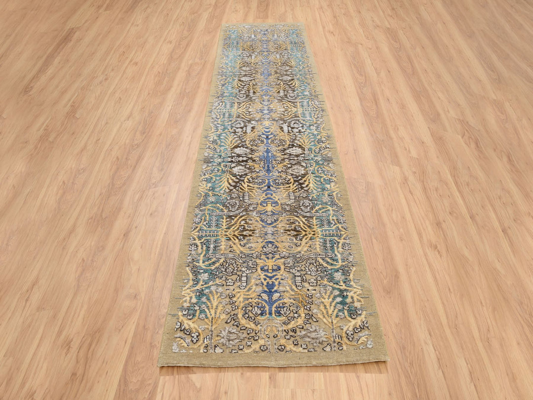 2'6" x 12'1" New Hand Knotted Brown Wool & Silk Runner Oriental Rug - MOA10264447