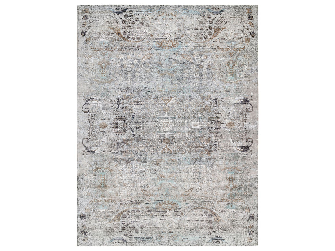 13'9" x 18'1" New Hand Knotted Grey Wool & Silk Rectangle Oriental Rug - MOA10264448