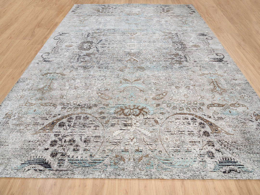 13'9" x 18'1" New Hand Knotted Grey Wool & Silk Rectangle Oriental Rug - MOA10264448