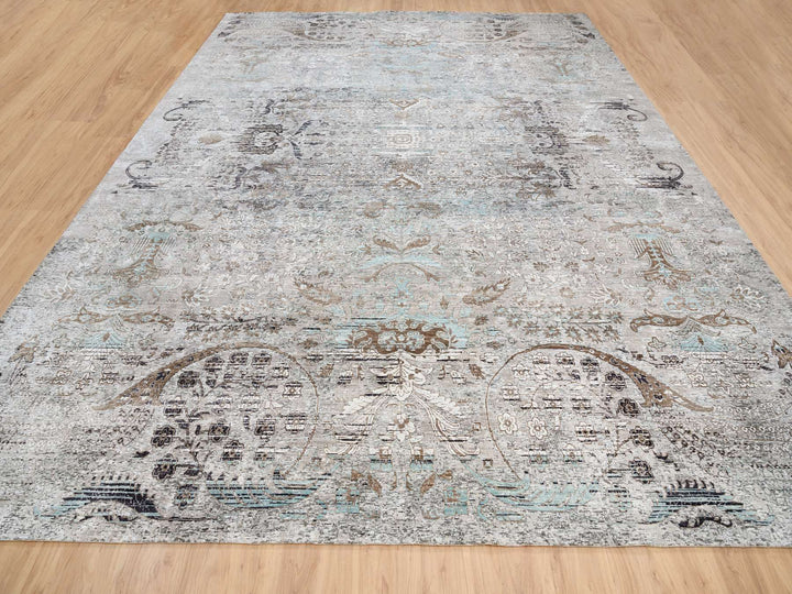 13'9" x 18'1" New Hand Knotted Grey Wool & Silk Rectangle Oriental Rug - MOA10264448