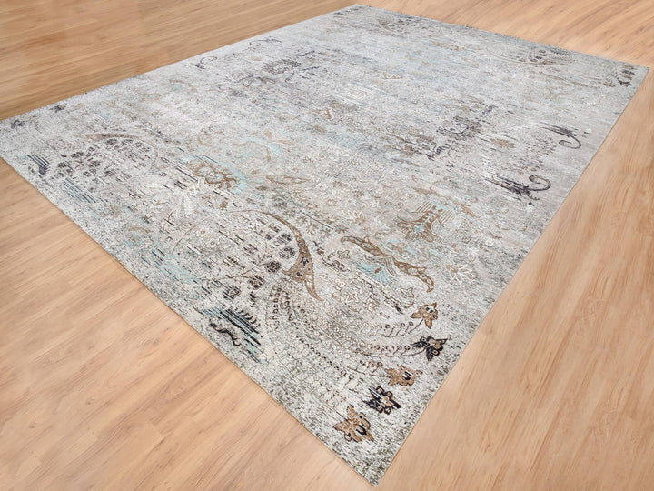 13'9" x 18'1" New Hand Knotted Grey Wool & Silk Rectangle Oriental Rug - MOA10264448