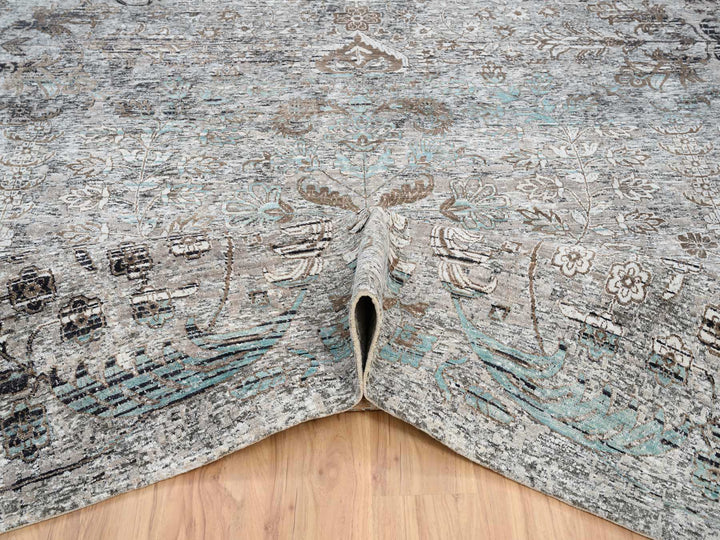 13'9" x 18'1" New Hand Knotted Grey Wool & Silk Rectangle Oriental Rug - MOA10264448