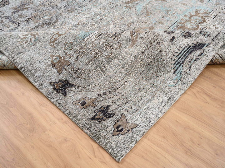13'9" x 18'1" New Hand Knotted Grey Wool & Silk Rectangle Oriental Rug - MOA10264448