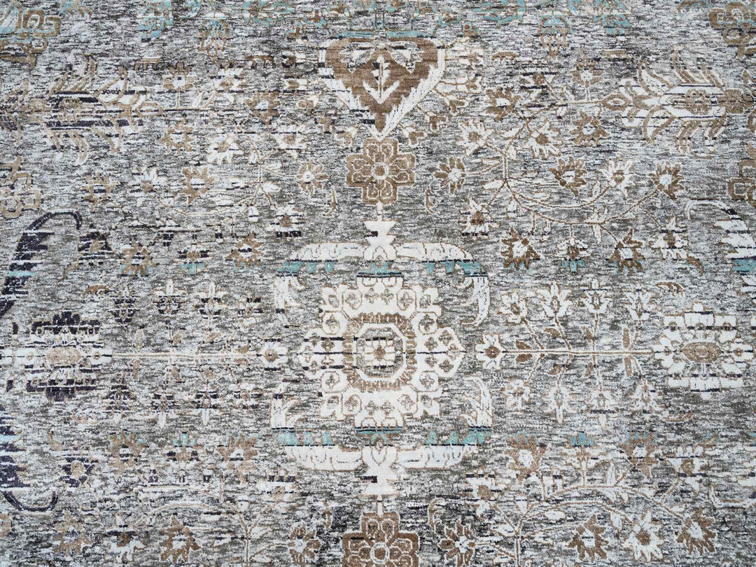 13'9" x 18'1" New Hand Knotted Grey Wool & Silk Rectangle Oriental Rug - MOA10264448