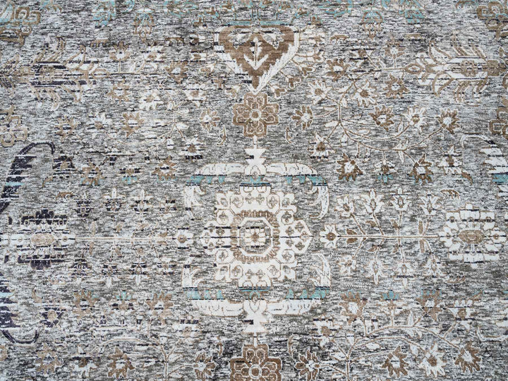 13'9" x 18'1" New Hand Knotted Grey Wool & Silk Rectangle Oriental Rug - MOA10264448