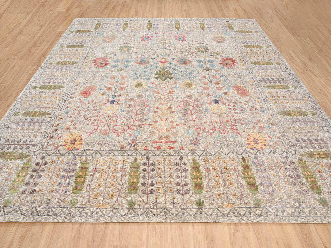14'1" x 14'0" New Hand Knotted Beige Wool & Silk Square Oriental Rug - MOA10264449