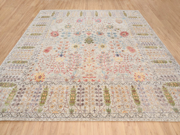 14'1" x 14'0" New Hand Knotted Beige Wool & Silk Square Oriental Rug - MOA10264449