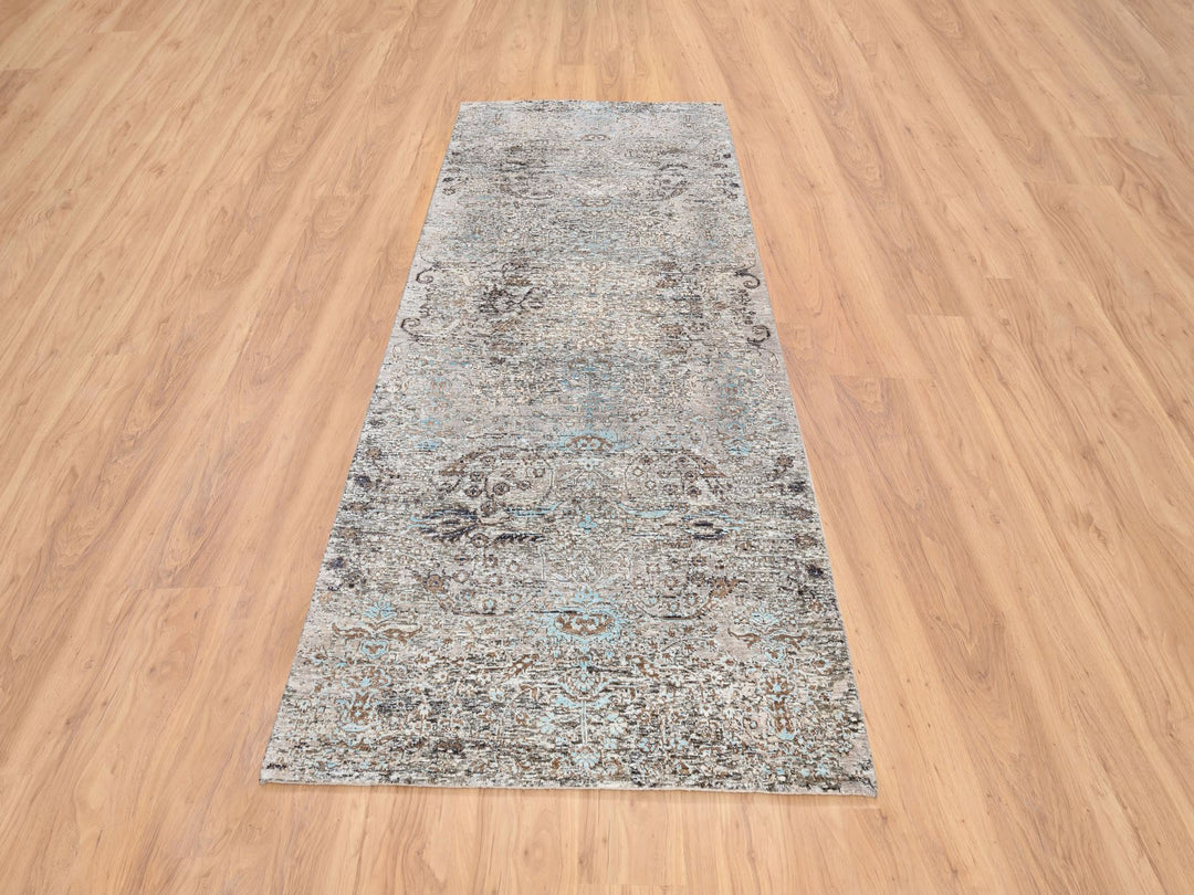 4'0" x 10'0" New Hand Knotted Grey Wool & Silk Runner Oriental Rug - MOA10264451