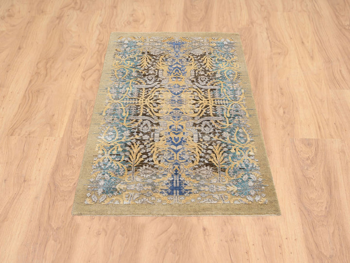 3'2" x 5'0" New Hand Knotted Brown Wool & Silk Rectangle Oriental Rug - MOA10264459