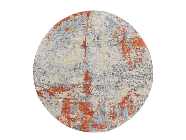 5'10" x 5'10" New Hand Knotted Orange Wool & Silk Round Oriental Rug - MOA10264487