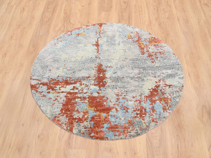 5'10" x 5'10" New Hand Knotted Orange Wool & Silk Round Oriental Rug - MOA10264487