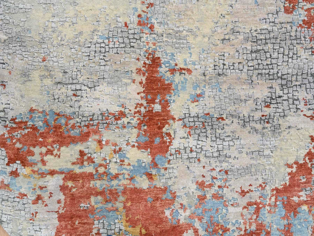 5'10" x 5'10" New Hand Knotted Orange Wool & Silk Round Oriental Rug - MOA10264487