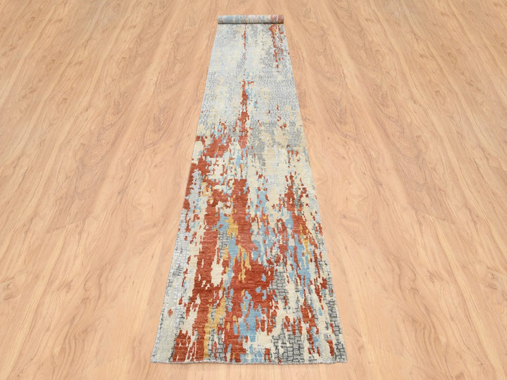 2'6" x 17'8" New Hand Knotted Orange Wool & Silk Runner Oriental Rug - MOA10264539