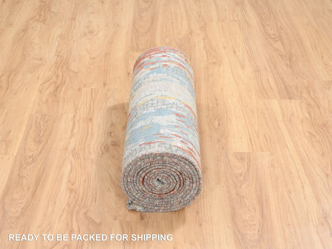 2'6" x 17'8" New Hand Knotted Beige Wool & Silk Runner Oriental Rug - MOA10264539