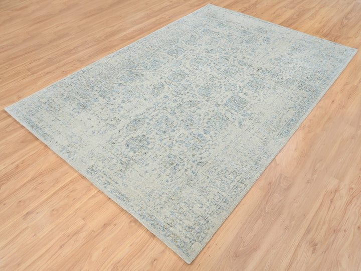 6'2" x 9'0" New Hand Loomed Blue Wool & Silk Rectangle Oriental Rug - MOA10264549