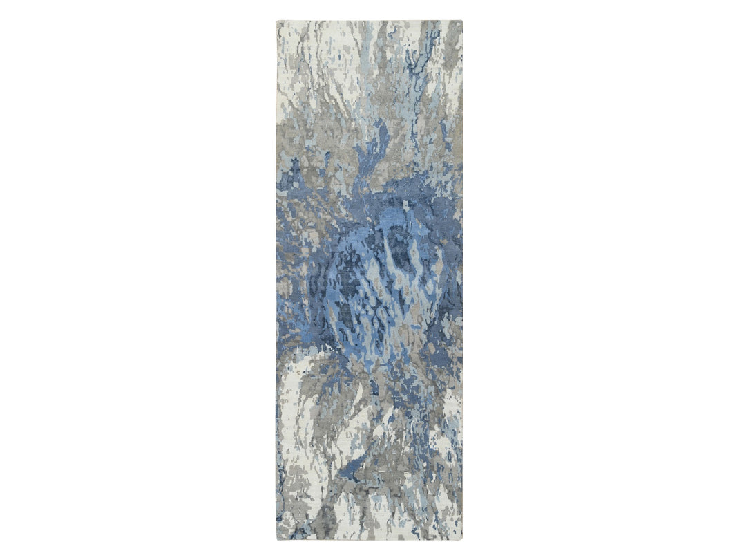 4'2" x 11'9" New Hand Knotted Blue Wool & Silk Runner Oriental Rug - MOA10264551