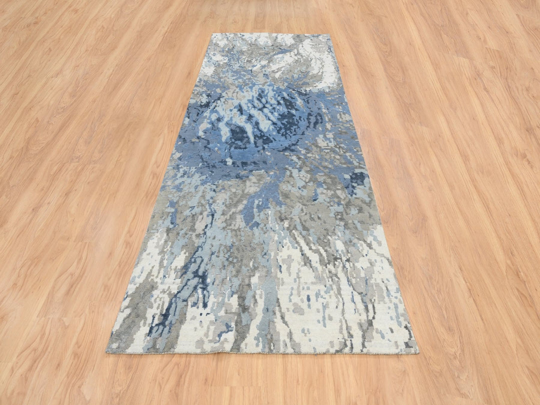 4'2" x 11'9" New Hand Knotted Blue Wool & Silk Runner Oriental Rug - MOA10264551