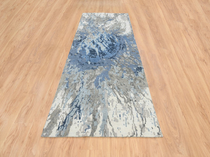 4'2" x 11'9" New Hand Knotted Blue Wool & Silk Runner Oriental Rug - MOA10264551